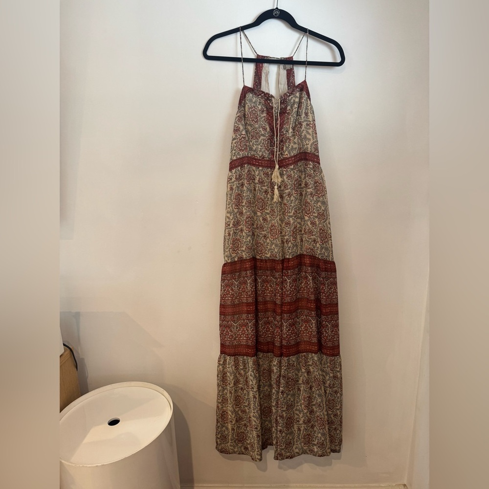 Ecote Boho Maxi Dress in Cream and Rust Red Paisley